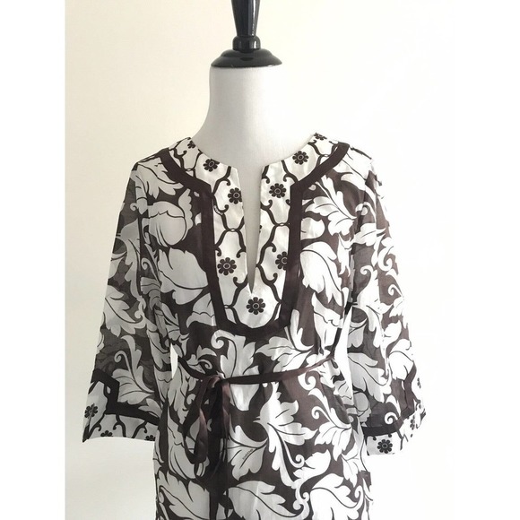 Bebe | Floral V-neck Tunic Size S Brown Silk Cotton Side Split Pullover Shirt - Picture 7 of 9